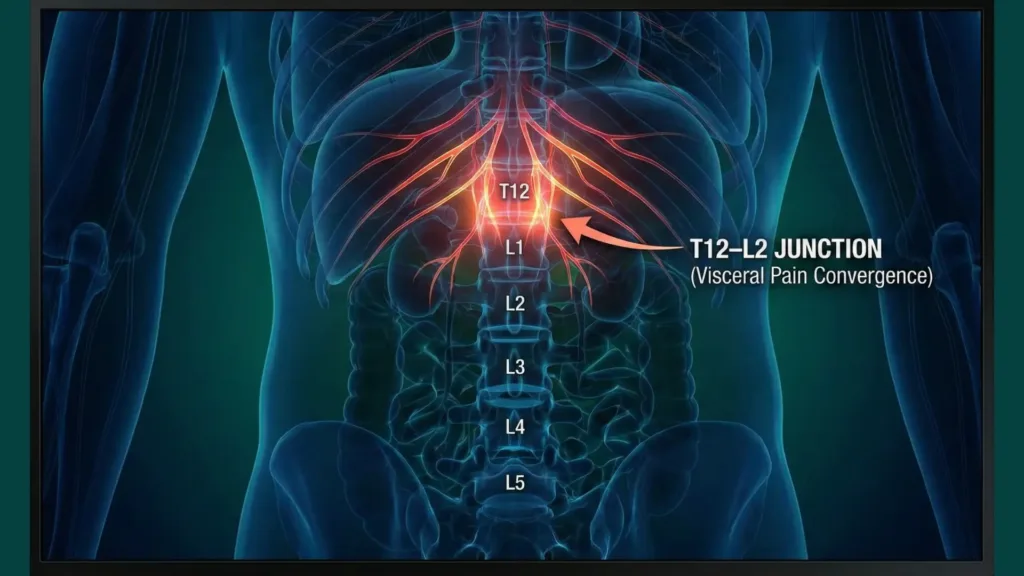 low back pain and stomach pain : image showing visceral pain convergence 