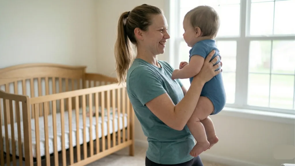 happy mother carrying her baby without lower back pain 
