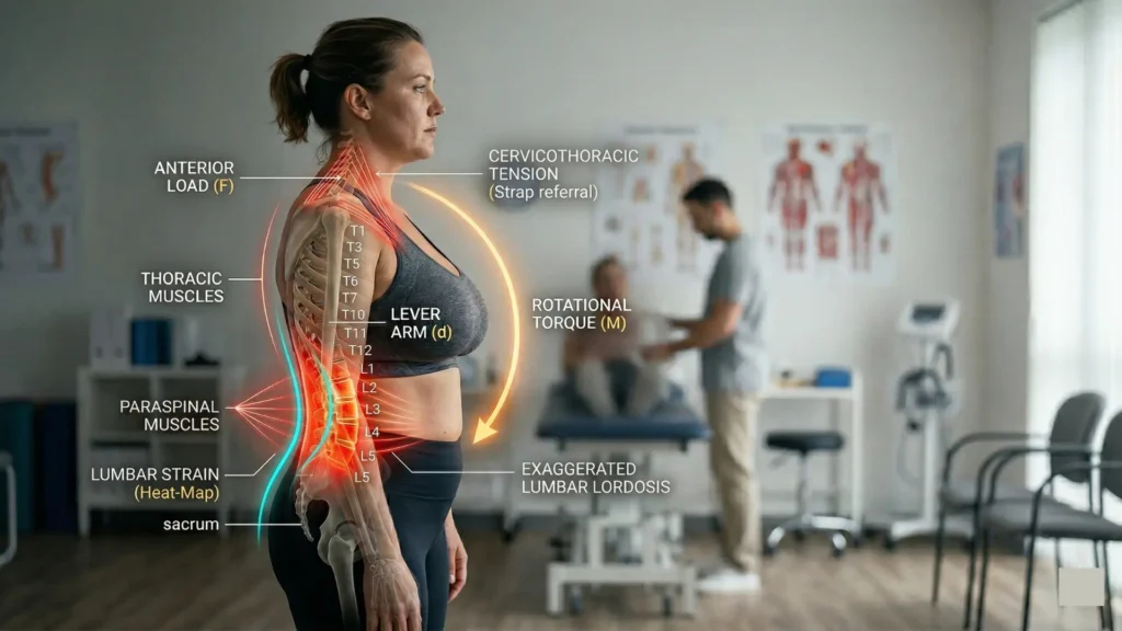 biomechanics of lower back pain die to large breasts