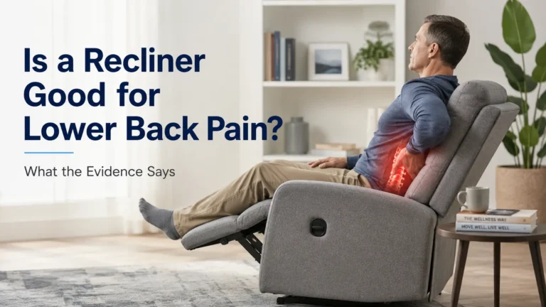Man sitting in a recliner with lower back pain highlighted, illustrating the question: Is a recliner good for lower back pain?