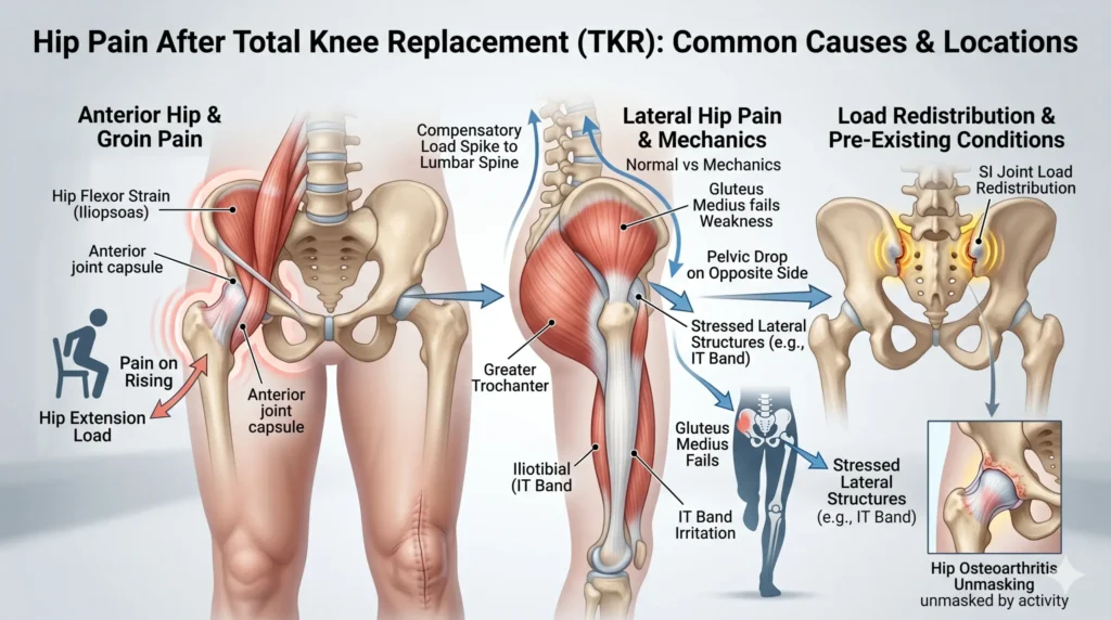 pain location in hip and lower back after TKR