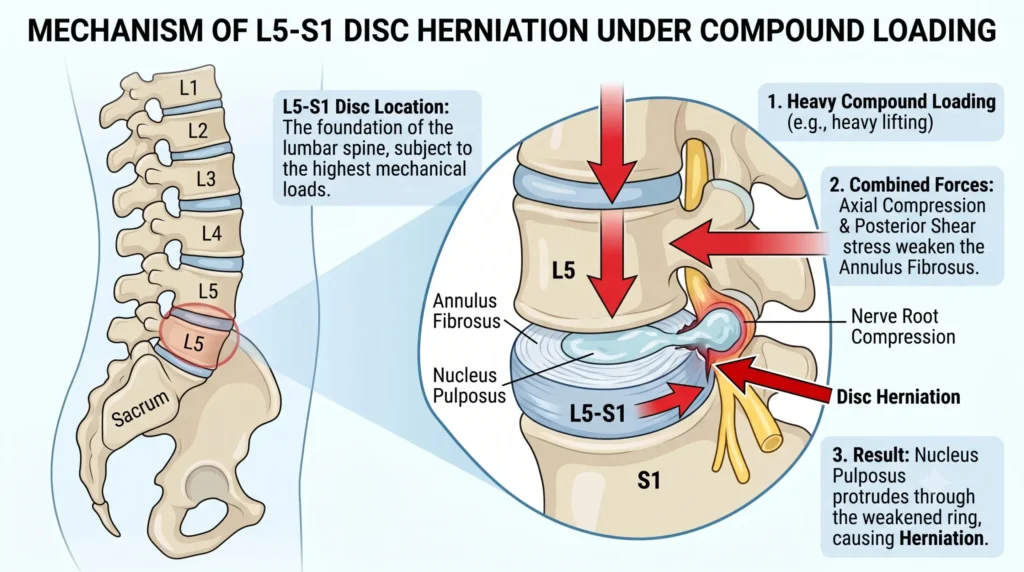 Mechanism of L5-S1 disc herniation under compound loading