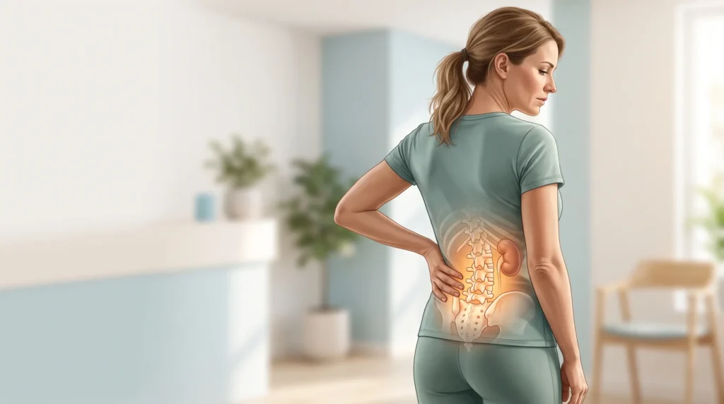 Woman holding her lower right back with a translucent anatomical overlay of the lumbar spine, sacroiliac joint, and kidney illustrating causes of lower right back pain in women.