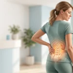 Woman holding her lower right back with a translucent anatomical overlay of the lumbar spine, sacroiliac joint, and kidney illustrating causes of lower right back pain in women.