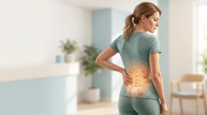Woman holding her lower right back with a translucent anatomical overlay of the lumbar spine, sacroiliac joint, and kidney illustrating causes of lower right back pain in women.