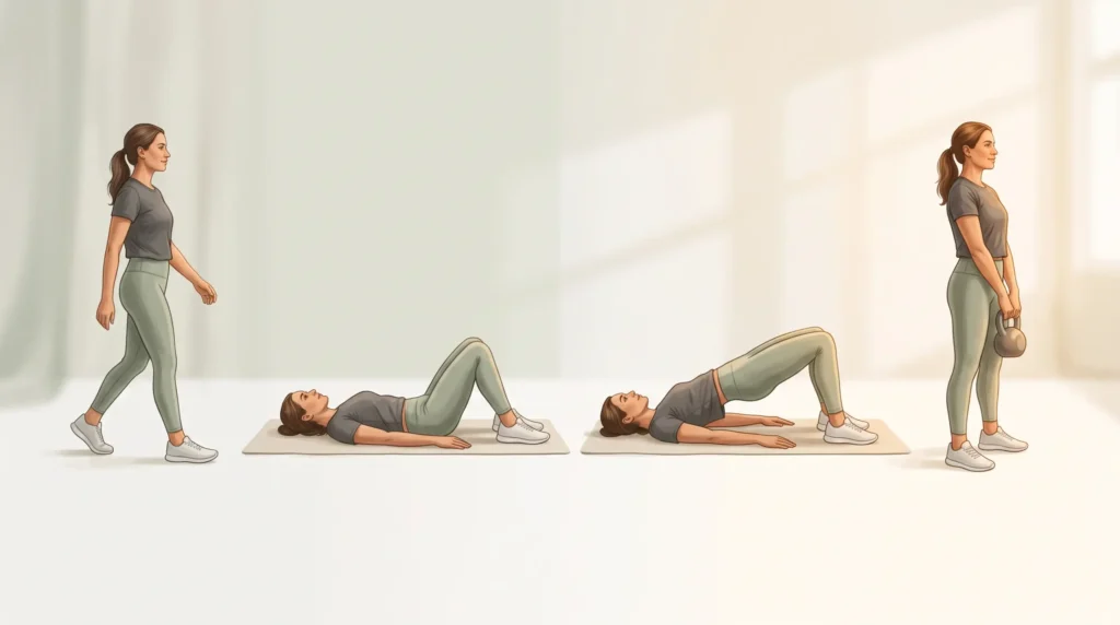 Four-phase rehab progression for mechanical lower right back pain in women, from gentle walking to loaded hip hinge.