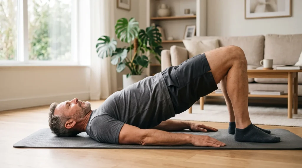 Man in his fifties doing a glute bridge on a mat at home to rebuild hip strength after sciatica