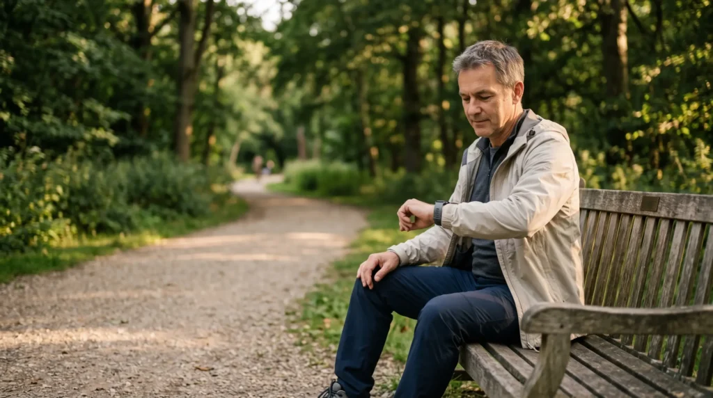 Man in his fifties resting on a park bench checking his watch during a short walk for sciatica