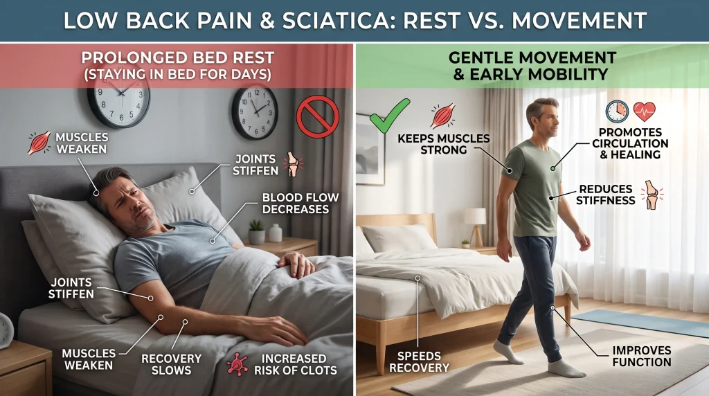 A detailed medical comparison infographic titled "LOW BACK PAIN & SCIATICA: REST VS. MOVEMENT". The split-panel image uses a red color scheme on the left to mark 'PROLONGED BED REST (STAYING IN BED FOR DAYS)' as prohibited. It illustrates the negative consequences, such as weakened muscles, stiff joints, and increased clot risk, showing a man lying passively in bed. In contrast, the right panel uses a green color scheme with a checkmark for 'GENTLE MOVEMENT & EARLY MOBILITY'. This side shows active individuals walking and performing guided exercises, highlighting positive benefits like strong muscles, improved circulation, reduced stiffness, faster recovery, and better overall function.