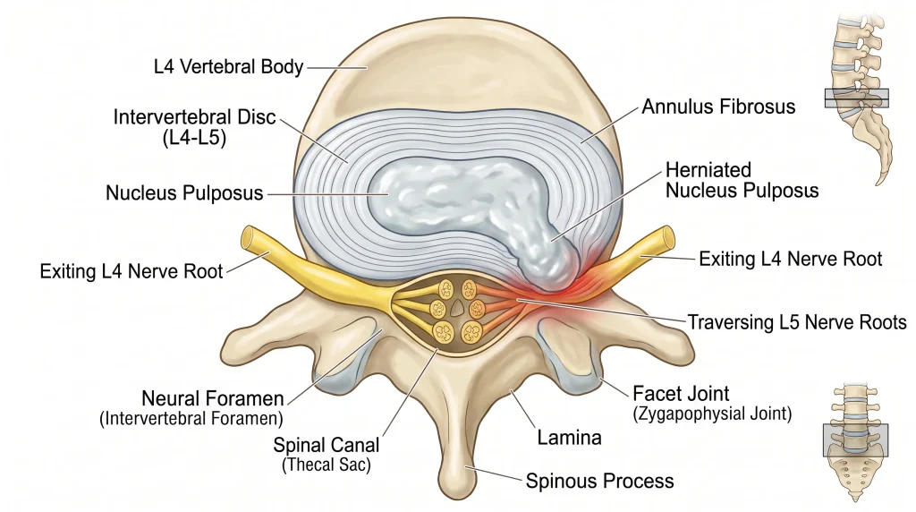 A detailed anatomical illustration showing an axial cross-section of the L4-L5 lumbar spinal unit. A posterolateral disc herniation of the nucleus pulposus is depicted on the left, causing visible compression of the traversing L5 nerve roots within the spinal canal, while the exiting L4 nerve roots are shown to be clear. The diagram labels all key structures, including the vertebral body, annulus fibrosus, spinal canal, and the various nerve roots, with smaller whole-spine context diagrams confirming the L4-L5 level.
