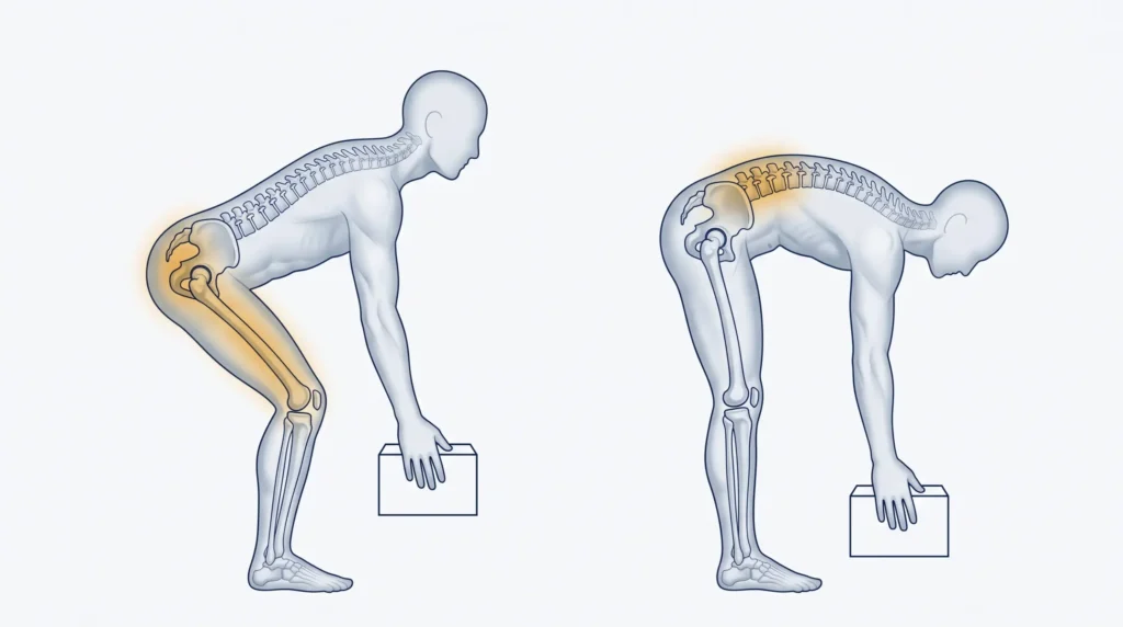 Two anatomical figures lifting a box — one hinging from the hips with a neutral spine, the other rounding through the lower back