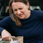 Woman stopped mid-lift at the boot of her car, one hand pressed into her lower back after straining it lifting shopping