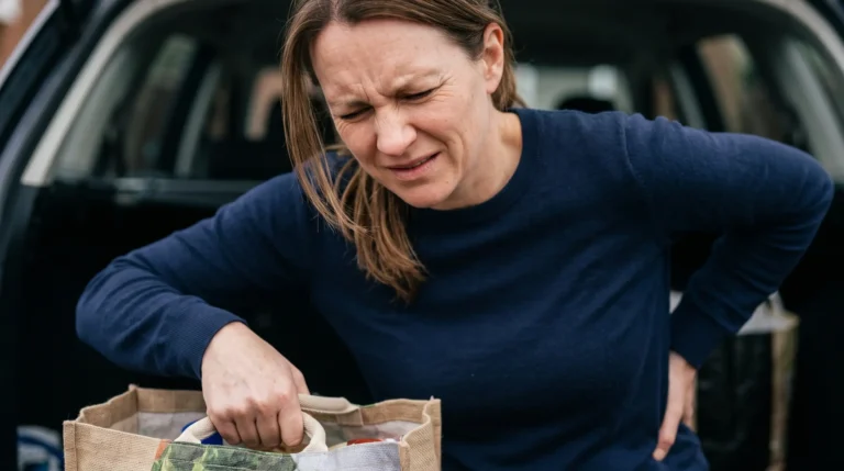 Woman stopped mid-lift at the boot of her car, one hand pressed into her lower back after straining it lifting shopping