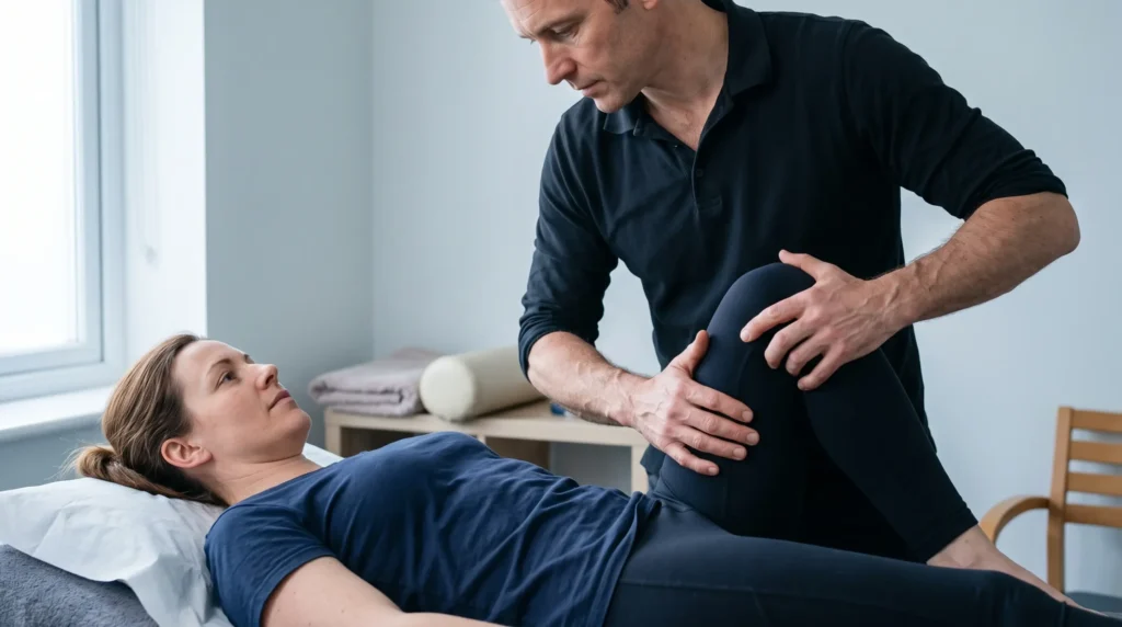 Physiotherapist assessing a woman's hip range of motion on a treatment couch after a lumbosacral strain has failed to settle
