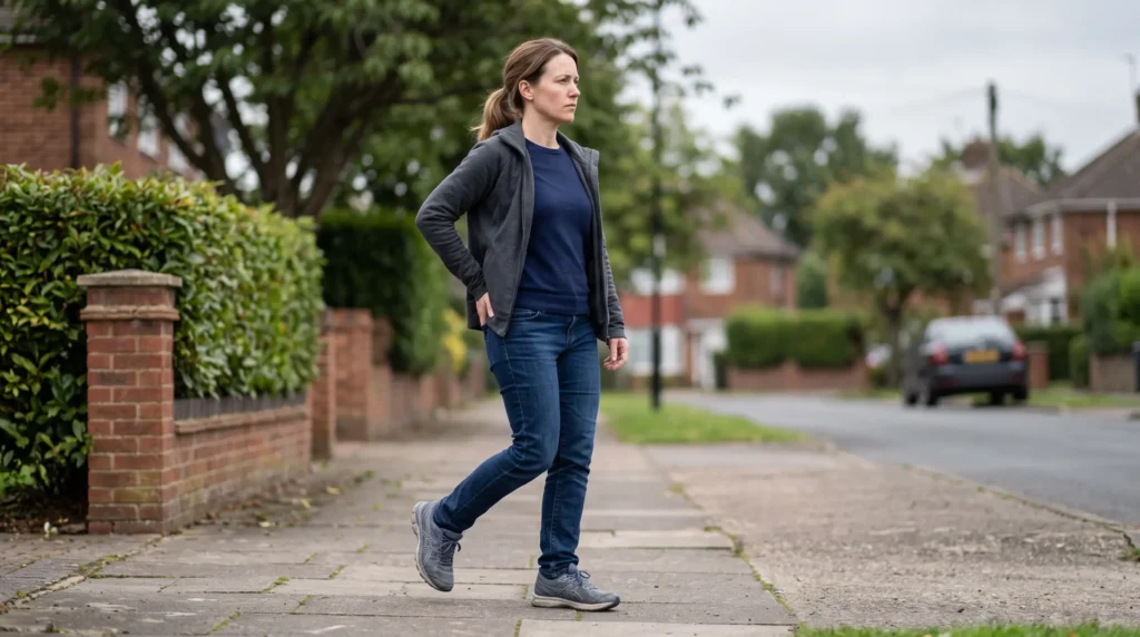 Woman walking slowly along a suburban pavement with a guarded upright posture, taking the short frequent walks that help a lumbosacral strain heal