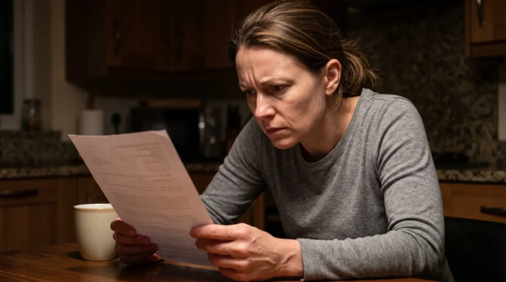 Woman sitting alone at her kitchen table at night reading a scan report with a worried expression