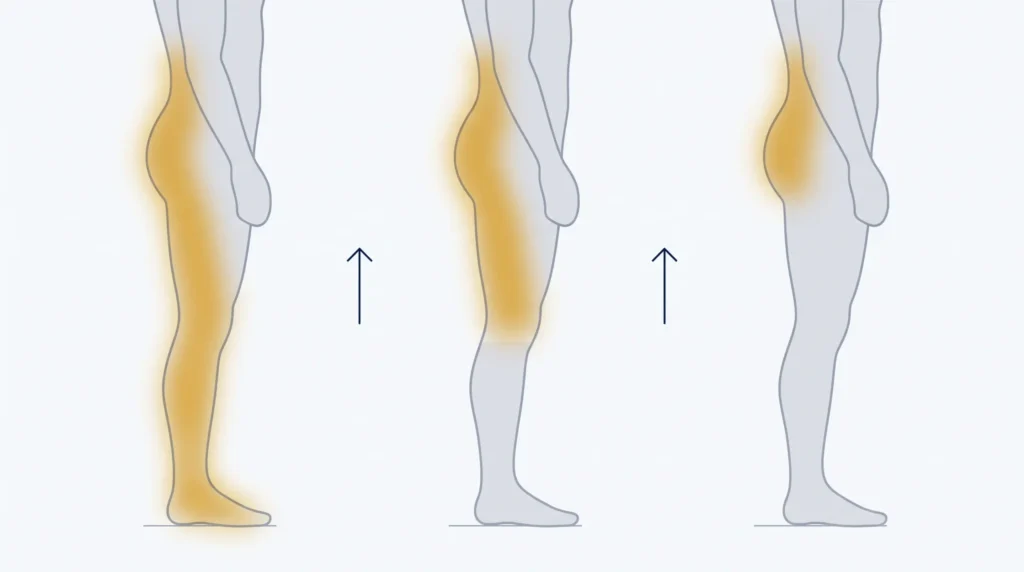 Three figures showing sciatica pain retreating up the leg over time, from foot to knee to buttock — the pattern known as centralization