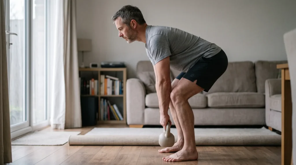 Man performing a controlled hip hinge with a light kettlebell at home, rebuilding load tolerance after twelve weeks of sciatica