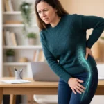 "A woman standing in a home office holding her lower back and upper thigh in discomfort, featuring a subtle, glowing anatomical overlay showing the path of the sciatic nerve traveling from the lower spine down the leg."