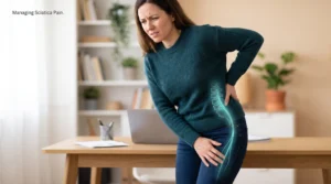 "A woman standing in a home office holding her lower back and upper thigh in discomfort, featuring a subtle, glowing anatomical overlay showing the path of the sciatic nerve traveling from the lower spine down the leg."