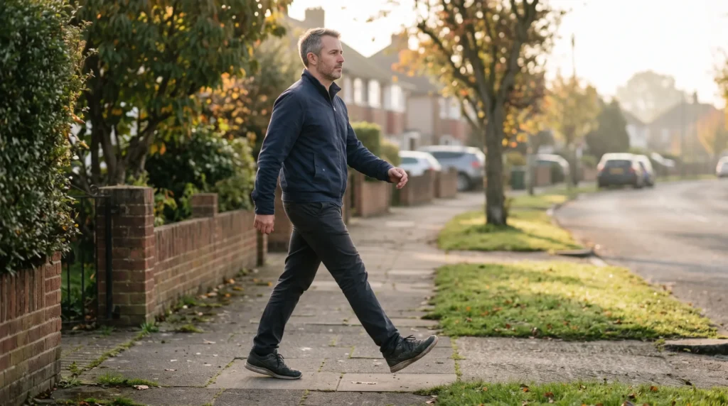 Man walking on a suburban footpath in early morning light, taking the short frequent walks that help sciatica recovery