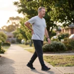 Man in his fifties walking slowly on a footpath with one hand on his lower back, easing sciatica leg pain