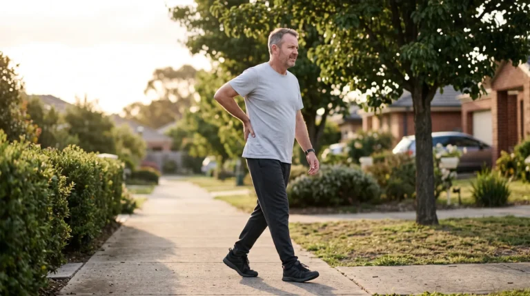 Man in his fifties walking slowly on a footpath with one hand on his lower back, easing sciatica leg pain