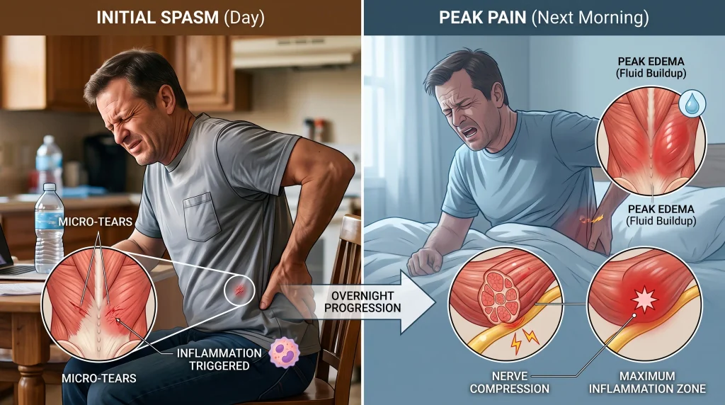 A side-by-side medical infographic explaining why back spasms worsen overnight. The left side, labeled 'Initial Spasm (Day)', shows a man experiencing back pain with diagrams of muscle micro-tears and triggered inflammation. An arrow labeled 'Overnight Progression' points to the right side, labeled 'Peak Pain (Next Morning)', showing the man waking up in severe pain with diagrams highlighting peak edema fluid buildup, nerve compression, and a maximum inflammation zone.
