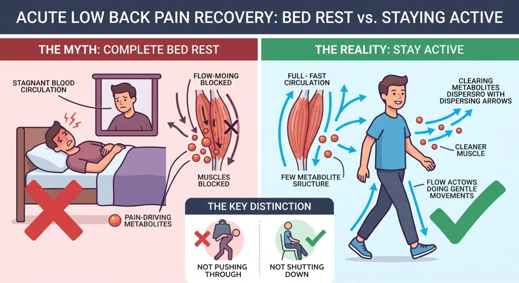 A medical infographic illustrating the contrast between complete bed rest and staying active for acute low back pain recovery. It shows stagnation and metabolite accumulation in the muscles with bed rest, while staying active promotes circulation to clear the painful metabolites. A central section distinguishes 'Stay Active' as meaning not shutting down, not pushing through pain.
