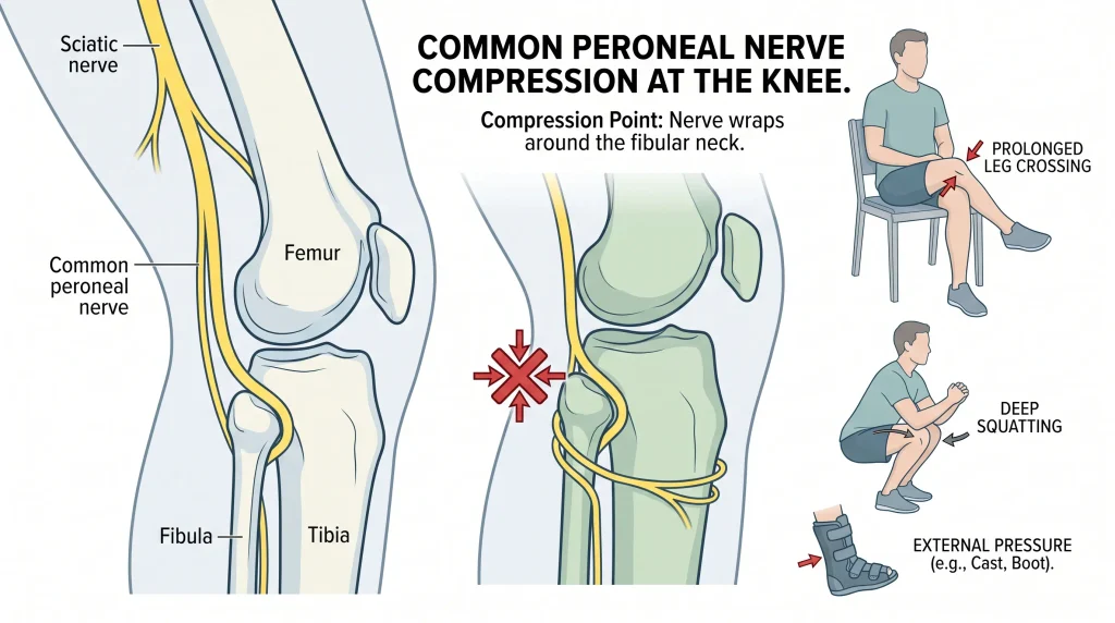 A medical diagram infographic split into three main sections detailing common peroneal nerve compression at the knee. The far left panel shows the knee skeleton (Femur, Tibia, Fibula) with the sciatic and yellow common peroneal nerves. The nerve wraps around the lateral neck of the fibula. The middle-left panel is a close-up highlighting this specific compression site where the nerve curves sharply around the fibular neck, depicted with a red pressure icon and arrows, and showing the nerve bifurcation distal to the wrap. The right side features three smaller illustrations demonstrating causes: a seated person with legs crossed, a person in a deep squat, and a lower leg in a rigid boot, each with red arrows pointing to the compression area and labeled "PROLONGED LEG CROSSING", "DEEP SQUATTING", and "EXTERNAL PRESSURE (e.g., Cast, Boot)" respectively.