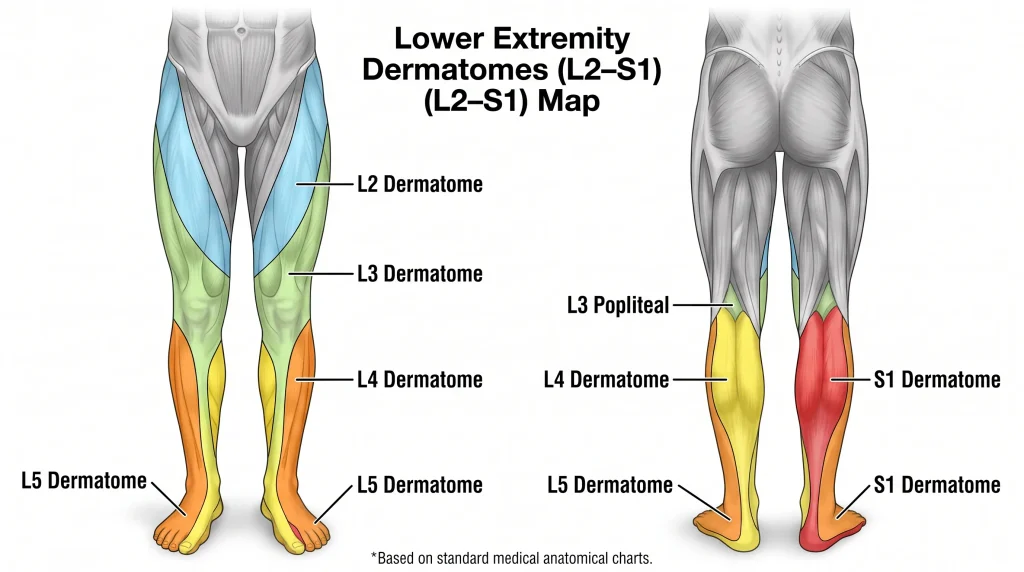 A medical illustration in a 16:9 aspect ratio displaying the L2, L3, L4, L5, and S1 dermatomes on the human lower body. The left side of the image shows an anterior (front) view of the legs, and the right side shows a posterior (back) view, with color-coded regions and labels accurately mapping the sensory distribution of each nerve root.