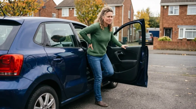 A woman holding her lower back in mild discomfort while getting out of a car, illustrating L4-L5 disc herniation symptoms and sciatica pain.