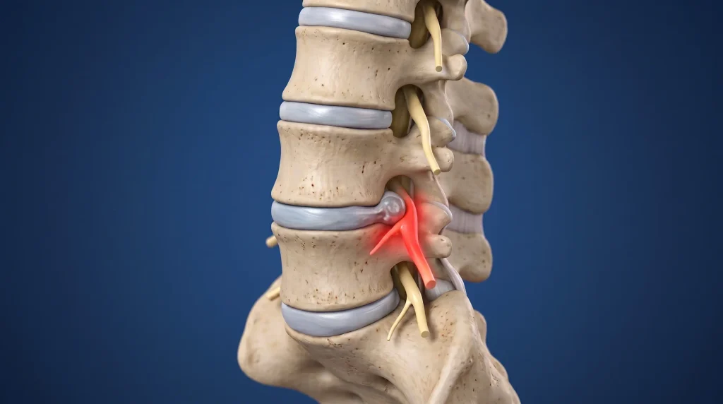 3D medical illustration of the lumbar spine showing an L4-L5 disc herniation compressing a red, inflamed nerve root.