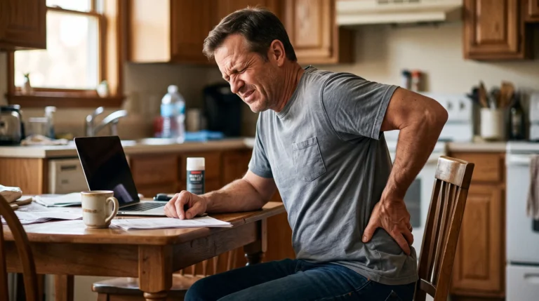 A middle-aged man wincing in pain while clutching his lower back during a sudden back muscle spasm while working at a kitchen table.