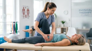 A female physiotherapist in scrubs performs a hip and lower back mobilization test on a patient lying on a treatment table in a clinic, representing an assessment for Sacroiliac Joint Dysfunction.