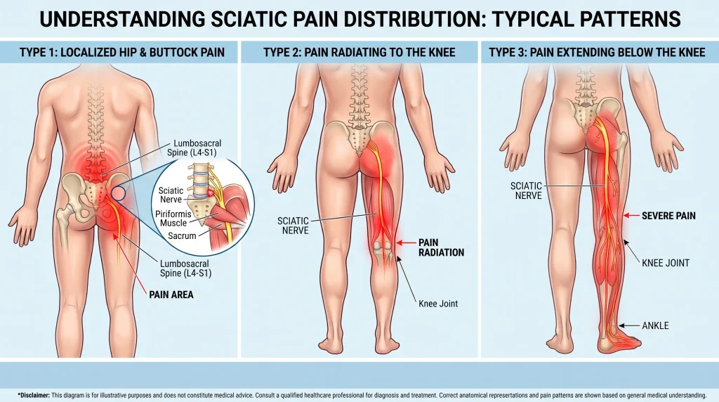 "A three-panel medical infographic titled 'UNDERSTANDING SCIATIC PAIN DISTRIBUTION: TYPICAL PATTERNS', detailing the various levels and patterns of sciatica. The infographic presents three scenarios based on a posterior view of the human figure. The first section, 'TYPE 1: LOCALIZED HIP & BUTTOCK PAIN', illustrates pain limited to the hip and gluteal area, with a detailed inset of the lumbosacral spine and sciatic nerve anatomy. The second section, 'TYPE 2: PAIN RADIATING TO THE KNEE', shows the pain path extending down the leg to the knee joint. The third section, 'TYPE 3: PAIN EXTENDING BELOW THE KNEE', depicts severe pain that reaches the ankle and foot, highlighting key nerve branches. Each section includes anatomical labels and a short description, with a UX confidence score and a medical disclaimer at the bottom."