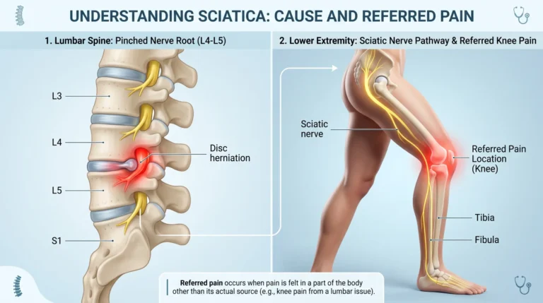 A 16:9 medical illustration showing a pinched nerve in the lumbar spine with highlighted nerve pathways traveling down the leg, demonstrating how L3, L4, L5, and S1 nerve root compression refers pain to different areas of the knee joint.