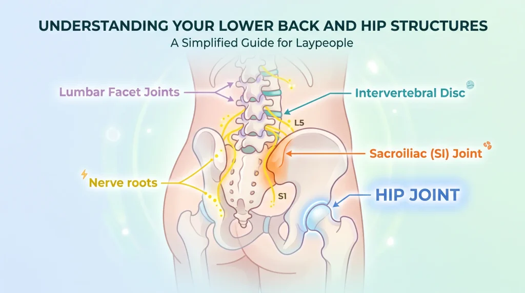 A color-coded medical illustration of lower back and hip anatomy for laypeople, with labels for Lumbar Facet Joints (purple), Intervertebral Disc (teal), Sacroiliac (SI) Joint (orange), Nerve roots (yellow, highlighting L5 and S1), and Hip Joint (blue). Titled: "Understanding Your Lower Back & Hip Structures - A Simplified Guide for Laypeople". 