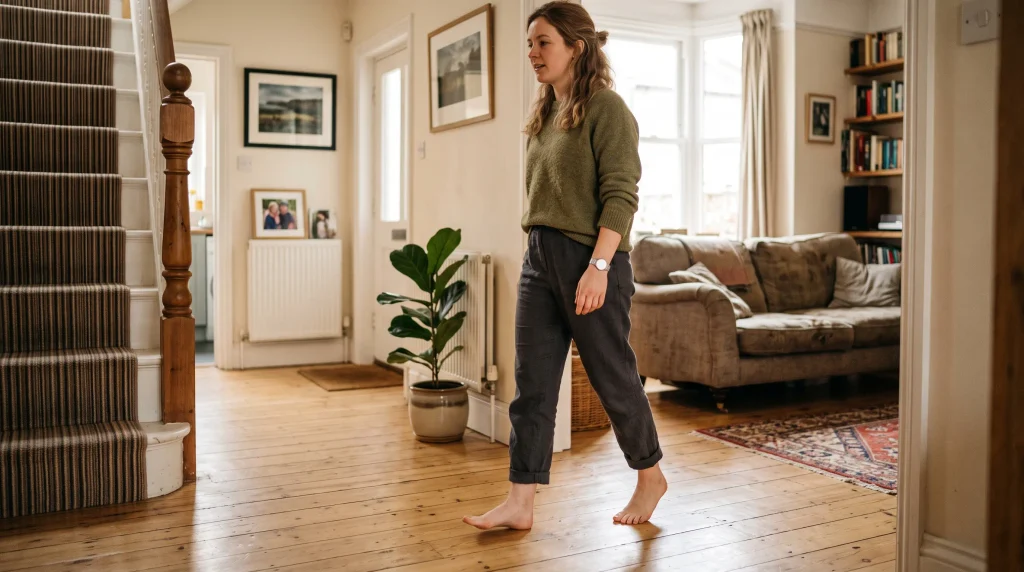 A candid photograph of a woman with brown hair, in a green sweater and dark trousers, performing a specific heel-walk physical examination test for L4-L5 nerve compression on a wooden floor in a living room.
