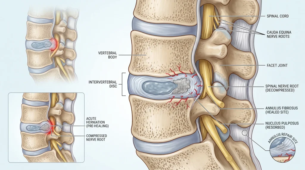 A detailed medical illustration in sagittal view comparing two states of a herniated lumbar disc. An inset diagram labeled "ACUTE HERNIATION (PRE-HEALING)" shows the blue nucleus pulposus bulging through the red annulus fibrosus and actively compressing a yellow spinal nerve root. The primary, larger illustration, labeled "HEALED SITE," shows the same spine segment with the herniated material labeled "RESORBED" and the annulus fibrosus featuring a clear "REPAIR SITE". This view demonstrates the space created, with the yellow spinal nerve root labeled "SPINAL NERVE ROOT (DECOMPRESSED)" no longer under pressure. Detailed labels identify surrounding structures like the SPINAL CORD, CAUDA EQUINA NERVE ROOTS, and FACET JOINT.