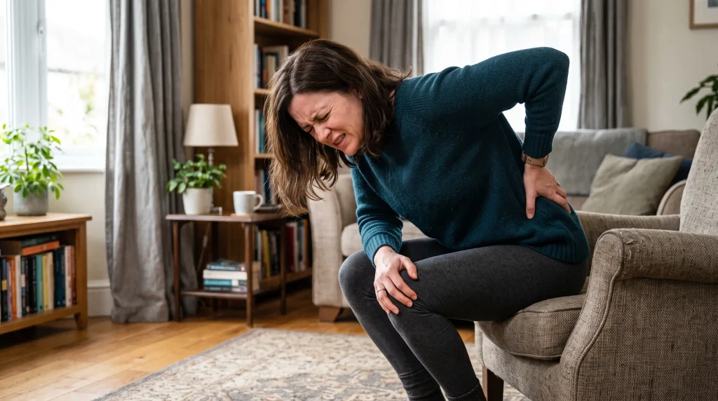 A 38-year-old woman struggling to stand upright in her living room, hunched forward with one hand pressing on her painful lower back and the other hand supporting her weight on her knee, illustrating classic symptoms of spinal canal stenosis.