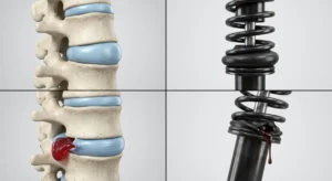 A four-part comparison showing a bulging spinal disc acting like a broadly compressed shock absorber, next to a herniated spinal disc resembling a ruptured shock absorber leaking fluid.