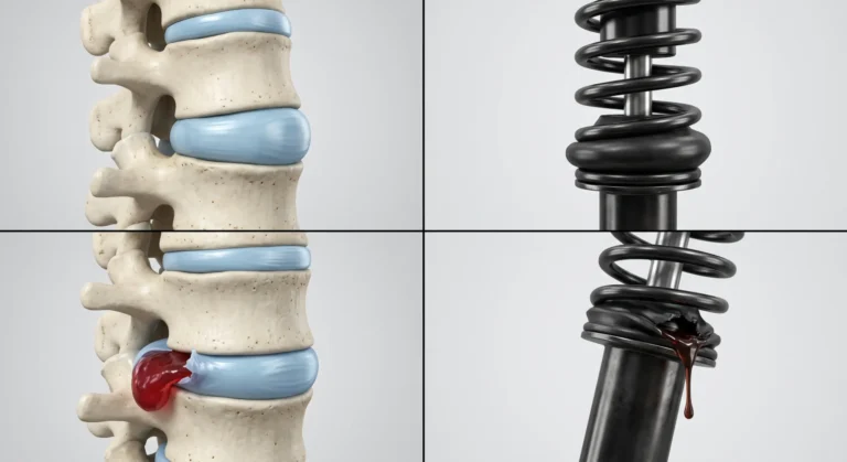 A four-part comparison showing a bulging spinal disc acting like a broadly compressed shock absorber, next to a herniated spinal disc resembling a ruptured shock absorber leaking fluid.