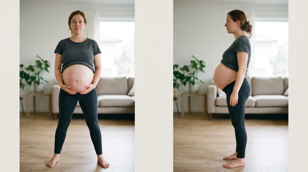Side-by-side photograph of a full-term pregnant woman (late pregnancy). The left image shows a front view of the woman in a grey t-shirt and dark leggings, standing and facing the camera, with her bare belly exposed and hands cupping it, stretch marks visible. The right image shows a side profile view of the same woman, facing right, with her grey t-shirt, dark leggings, and bun hairstyle, her belly protruding significantly. The setting is a brightly lit, modern living room with a sofa, wooden floor, and potted plants. The two images are set in individual framed panels with a textured border, designed for a body posture and skin study during full-term pregnancy.