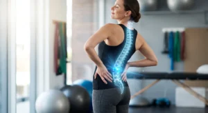 A woman standing and gently stretching her back, with a glowing blue anatomical overlay of a human spine showing a healing lower lumbar disc.