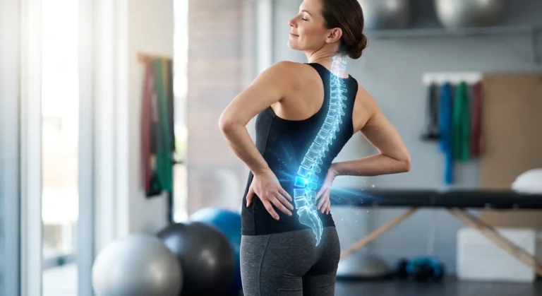 A woman standing and gently stretching her back, with a glowing blue anatomical overlay of a human spine showing a healing lower lumbar disc.