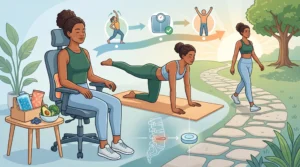 "A comprehensive illustration of a holistic journey to back pain recovery, featuring a woman in three stages: sitting with ergonomic posture and healthy nutrition, performing a bird-dog yoga pose on a mat with a herniated disc repair diagram and a progress chart, and walking confidently along a garden path towards a sunlit horizon."