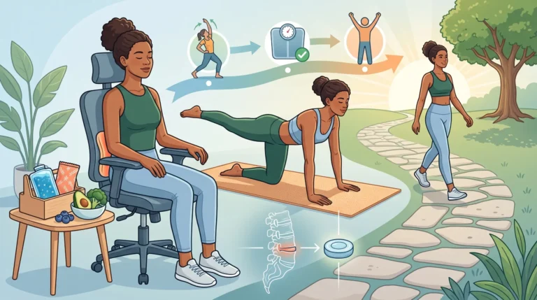 "A comprehensive illustration of a holistic journey to back pain recovery, featuring a woman in three stages: sitting with ergonomic posture and healthy nutrition, performing a bird-dog yoga pose on a mat with a herniated disc repair diagram and a progress chart, and walking confidently along a garden path towards a sunlit horizon."