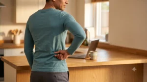 Adult in a bright kitchen reaching back to press two fingertips into a tender knot beside the lower spine