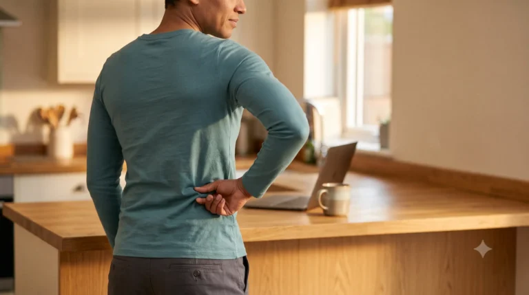 Adult in a bright kitchen reaching back to press two fingertips into a tender knot beside the lower spine
